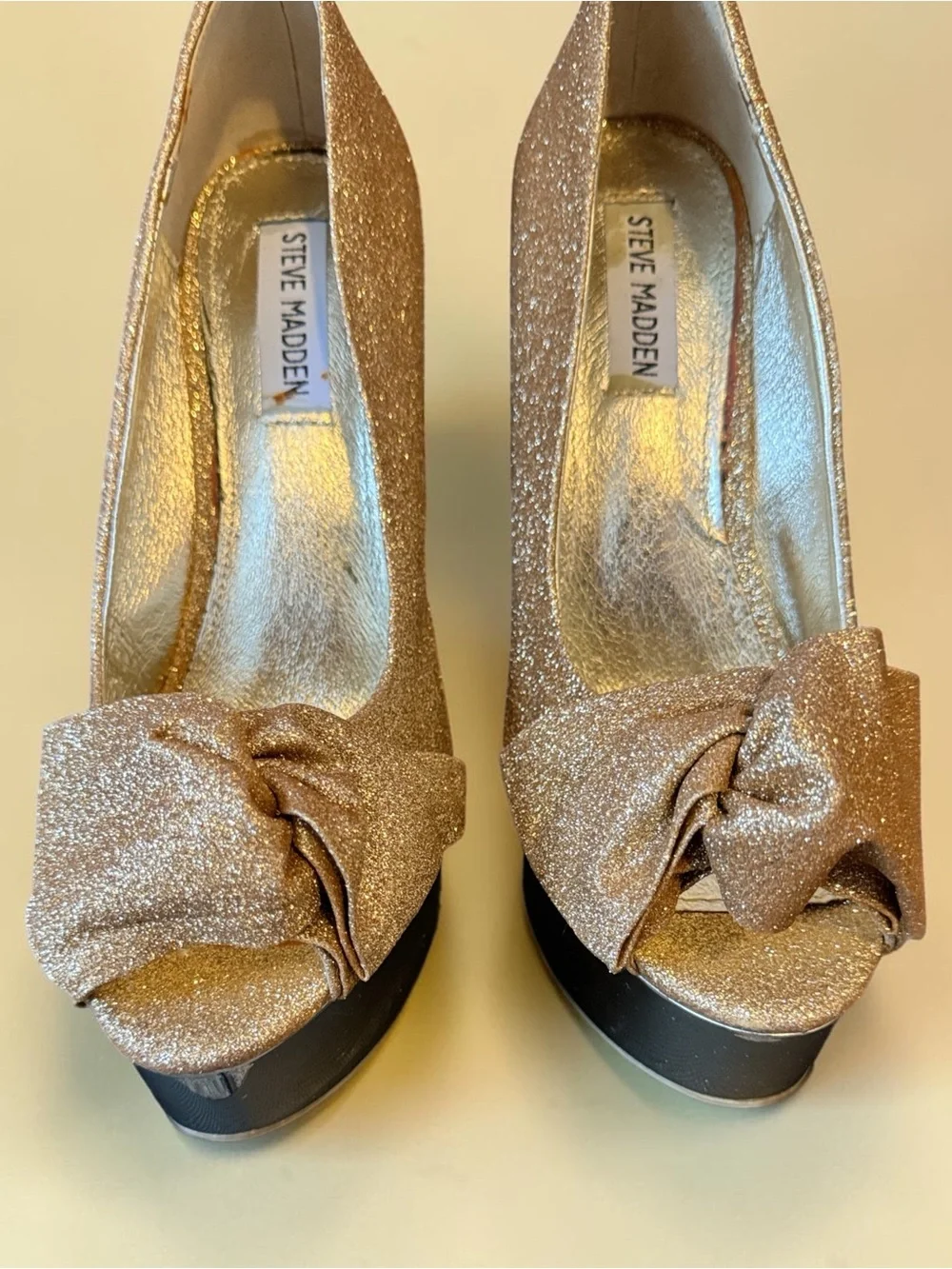 Steve Madden Gold Glitter Bow Peep-Toe Platform Pumps